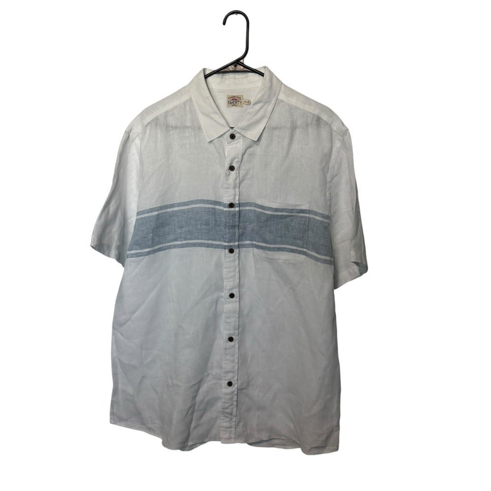 Faherty White Short-Sleeve Button-Down Shirt with Blue Stripe